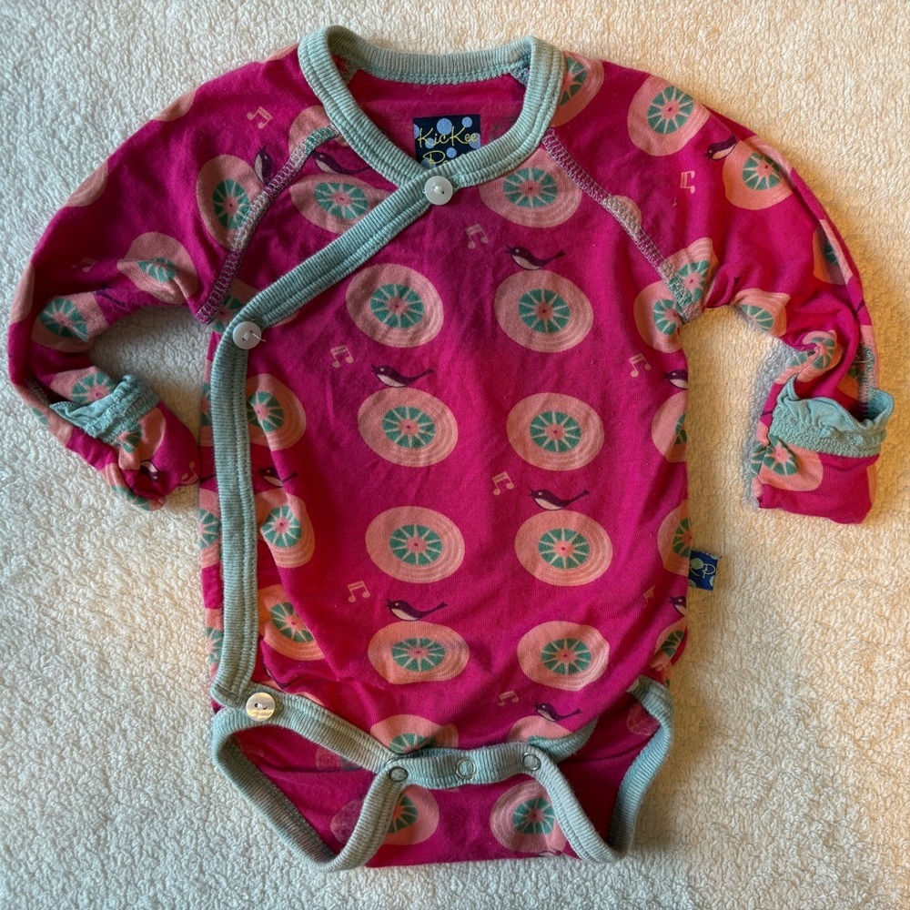 Kickee Pants Kimono Baby Onesie, Pink Blue Bird Print. Sz Newborn